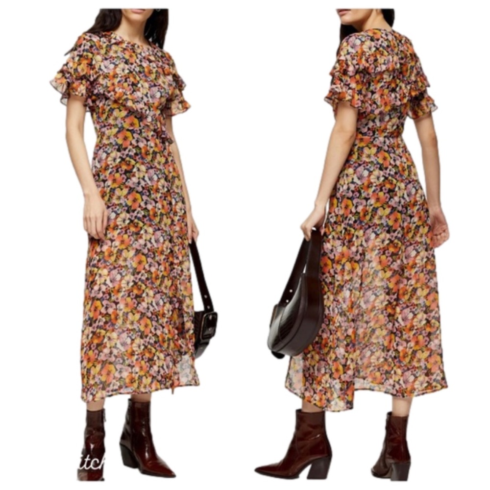 Topshop Ruffle Pansy Print Midi Dress, size 6